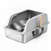 i.Pet Stainless Steel Large Semi-Enclosed Cat Litter Box Set with Mat Scoop Grey Durable Anti-Scratch High Sides