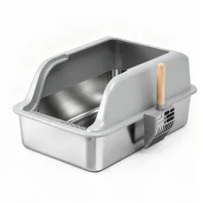 i.Pet Stainless Steel Large Semi-Enclosed Cat Litter Box Set with Mat Scoop Grey Durable Anti-Scratch High Sides