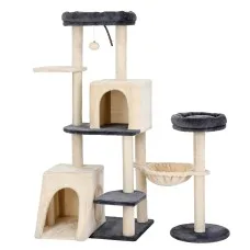 i.Pet 133cm Rotatable L-Shape Cat Tree Tower Dual Caves Sisal Scratching Grey Beige 60kg Capacity 133cm