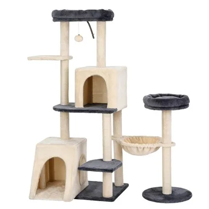 i.Pet 133cm Rotatable L-Shape Cat Tree Tower Dual Caves Sisal Scratching Grey Beige 60kg Capacity 133cm