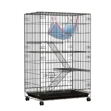 i.Pet 100cm 3-Level Indoor Rabbit Cage Hutch with Hammock, Ladders, and Wheels - Black Powder-Coated Iron Frame