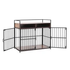 i.Pet 104cm 2-in-1 Wooden Dog Crate Furniture with Storage, 3-Door, 50kg Pet Capacity, Black and Brown