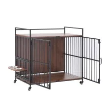 i.Pet 99cm 2-in-1 Wooden Dog Crate Furniture with Feeding Bowls, Wheels and Heavy-Duty Frame Black and Brown