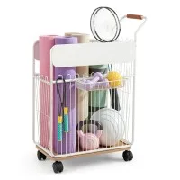 Everfit Mobile Yoga Mat Storage Rack with Basket Hooks White 50cm x 26cm x 79cm Home Gym Organisation