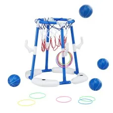 Keezi Kids Adjustable Basketball Hoop and Ring Toss Set Blue with 4 Balls Stable Base 77-105cm Total