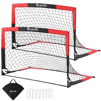 Everfit Pop Up Soccer Goal Nets Set of 2 121cm x 76cm x 76cm Heavy Duty Portable Kids Training Red