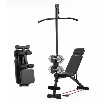 Everfit Adjustable Foldable Weight Bench with Integrated Pull Down Machine 230kg Capacity Incl Resistance Cords