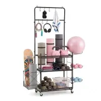 Everfit Yoga Mat Ball Storage Cart 145cm Multifunction Equipment Organiser Rack with Hooks and Wheels Black