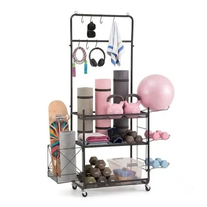 Everfit Yoga Mat Ball Storage Cart 145cm Multifunction Equipment Organiser Rack with Hooks and Wheels Black