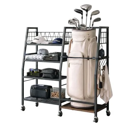 Everfit Golf Bag Storage Rack with 4 Shelves and Hooks Black