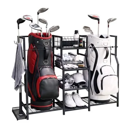 Everfit Golf Bag Storage Rack for 2 Bags and 16 Clubs Black