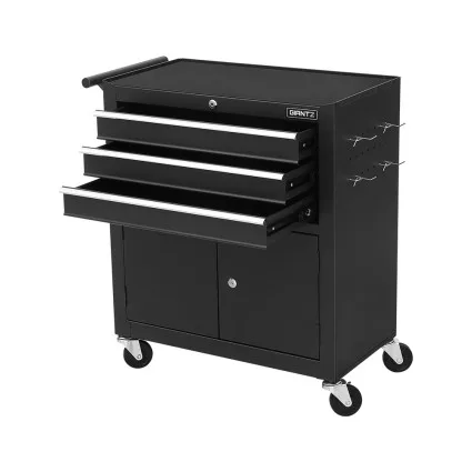 Giantz 3 Drawer Tool Box Chest Cabinet, Steel Garage Organiser, 68.5x33.5x74.5cm, Lockable, Wheels, Black
