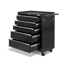 Giantz 5 Drawer Steel Tool Box Cabinet Trolley with Lockable Wheels, Ball-Bearing Slides, and Non-Slip Liners, Black