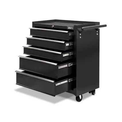 Giantz 5 Drawer Steel Tool Box Cabinet Trolley with Lockable Wheels, Ball-Bearing Slides, and Non-Slip Liners, Black