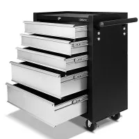 Giantz 5 Drawer Steel Tool Box Cabinet with Lock & Castor Wheels - 75kg Capacity, 61.5x33x74cm, Grey/Black