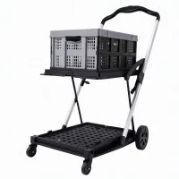 Artiss Foldable Double Layer Shopping Trolley 90kg Capacity with Detachable Crate and Brake Pedal Grey