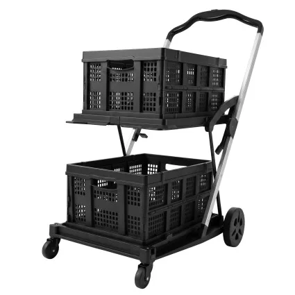 Artiss Foldable Double Layer Shopping Trolley 90kg Capacity with 2 Crates and Removable Castors Black