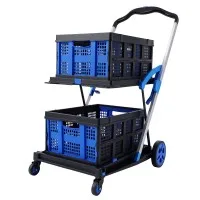 Artiss Foldable Double Layer Shopping Trolley 90kg Capacity with 2 Crates Blue with Brake and Detachable Castors