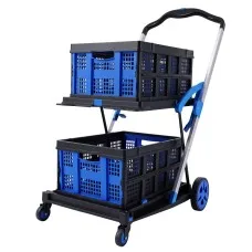 Artiss Foldable Double Layer Shopping Trolley 90kg Capacity with 2 Crates Blue with Brake and Detachable Castors