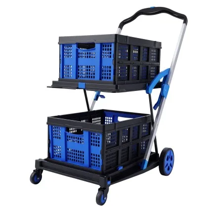 Artiss Foldable Double Layer Shopping Trolley 90kg Capacity with 2 Crates Blue with Brake and Detachable Castors