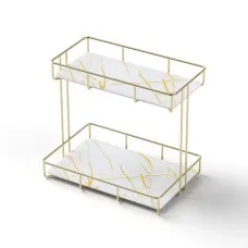 Artiss 2X 2‑Tier Corner Bathroom Storage Rack Gold Marble Look Reinforced Twin Bars Stable Base 20kg