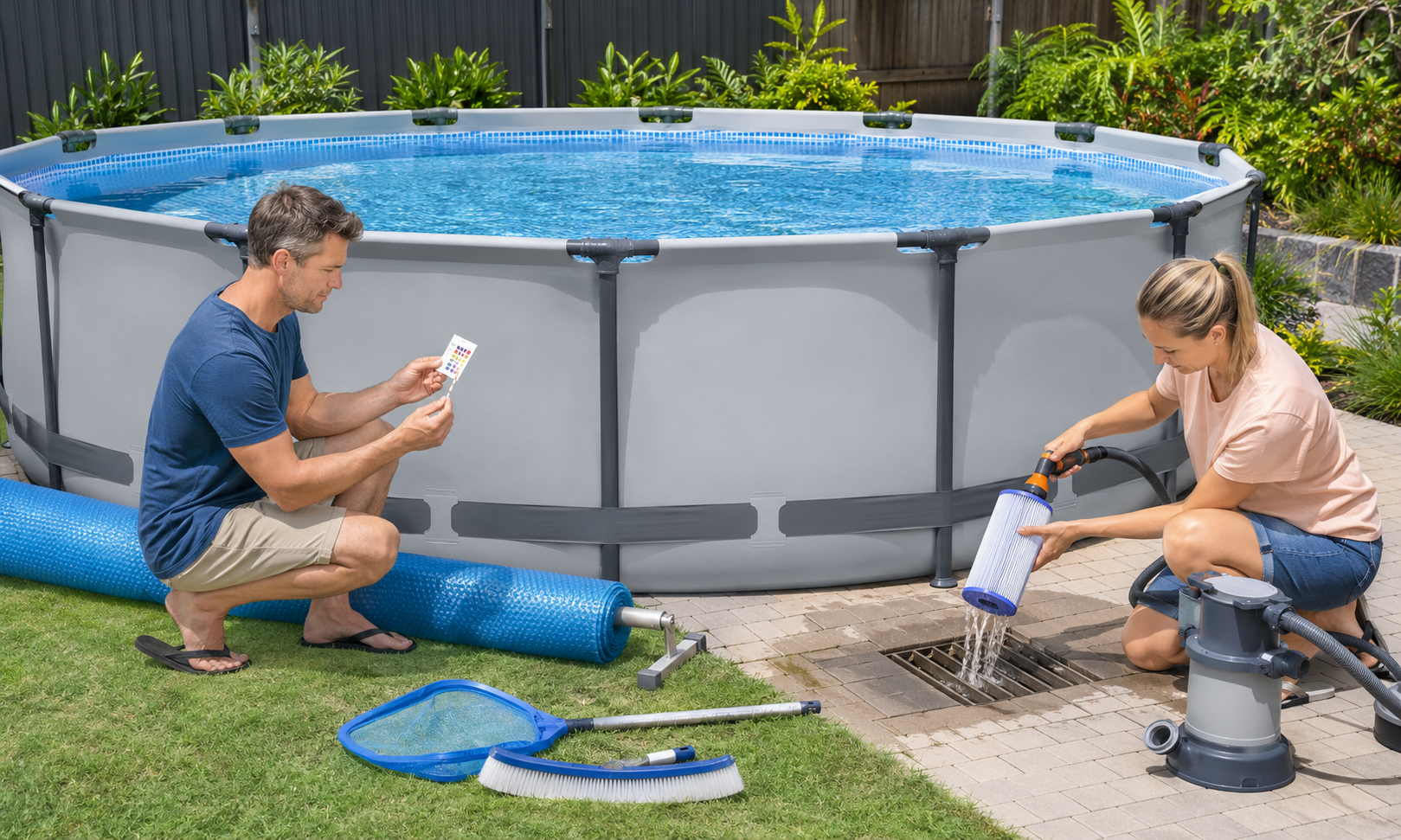 Testing pool water and rinsing an above-ground pool filter cartridge