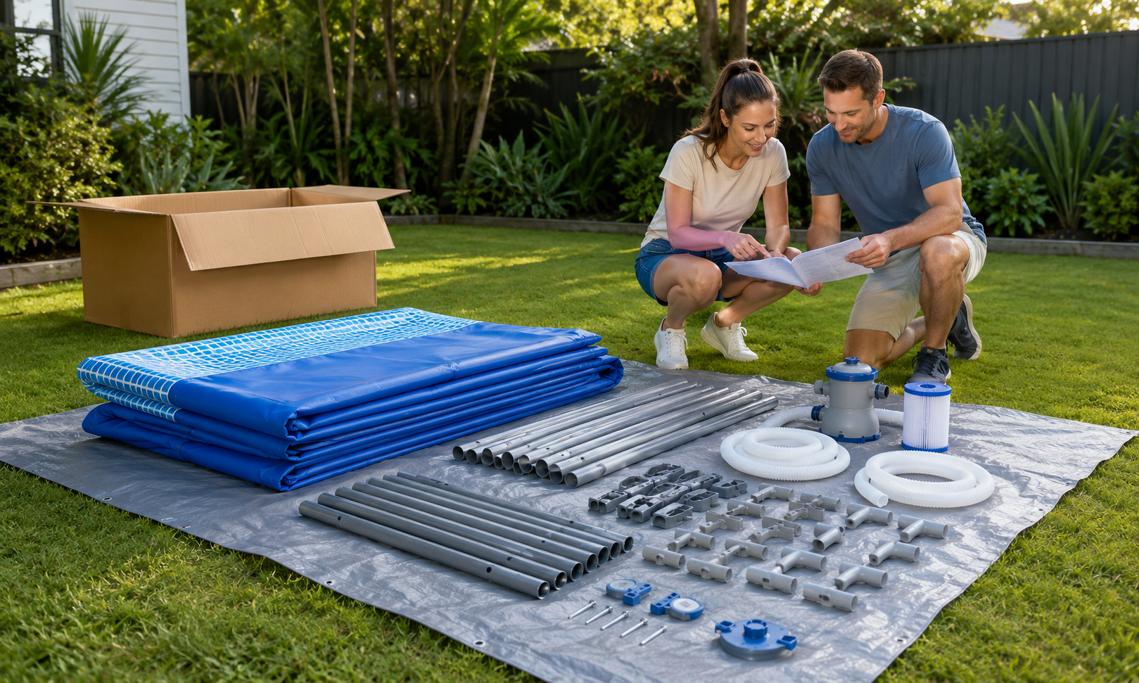 Bestway above-ground pool liner, frame and pump parts organised before assembly
