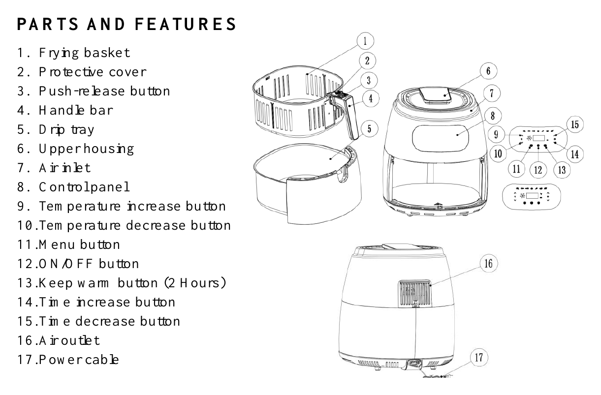 Parts and controls of the Devanti AF-K-E902-BK 8.5L air fryer