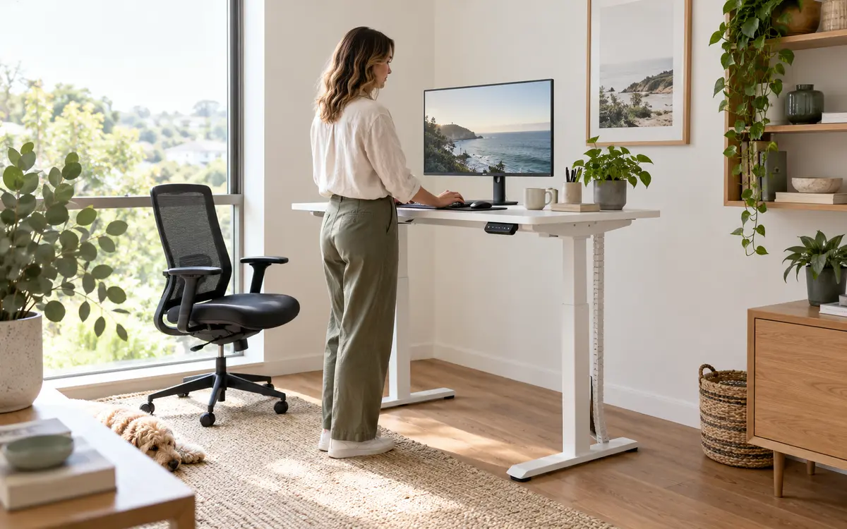 Artiss-style motorised standing desk and ergonomic chair in a bright home office