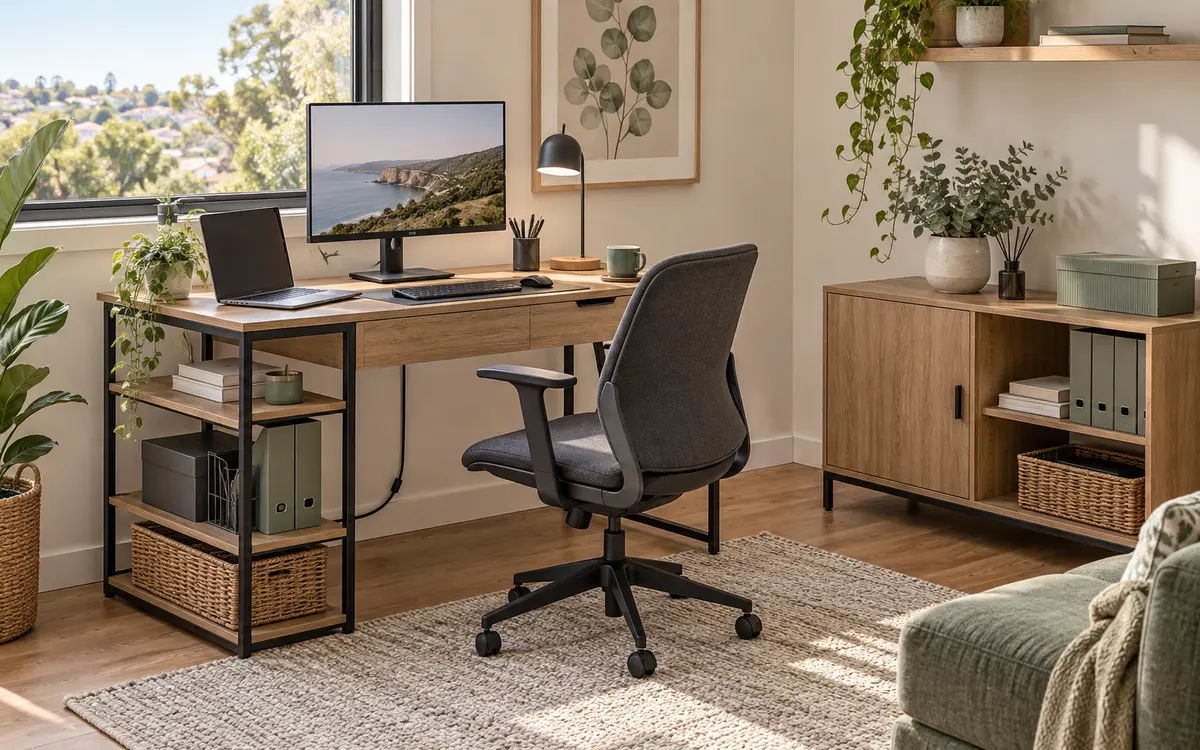 Organised Artiss-style desk with shelves, office chair and matching storage cabinet