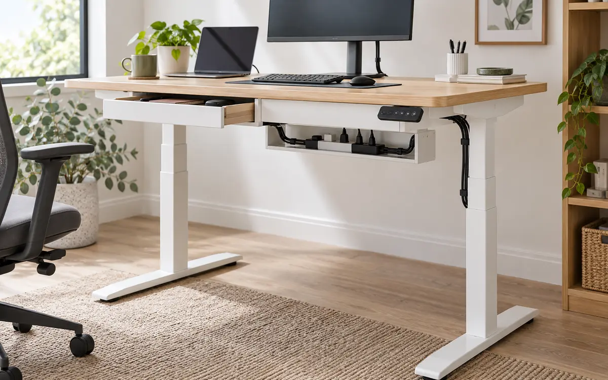 Standing desk control panel, storage drawer and organised cable tray